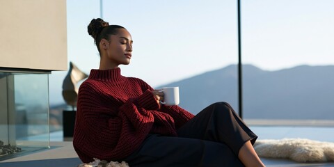 Obraz premium Woman in a red sweater enjoying a hot drink on a balcony with mountain view for lifestyle background and relaxation banner design