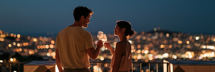 Obraz premium Romantic couple toasting with wine glasses on balcony at night overlooking city lights for anniversary banner and romance background design