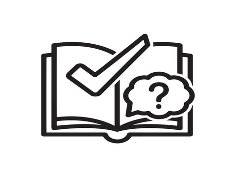 Open book icon with check mark and question mark symbol for education and research