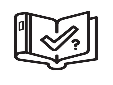Open book icon with check mark and question mark symbol for education and research design.