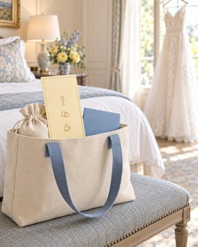 Blank yellow itinerary card mockup in wedding welcome bag with blue envelope in bridal suite