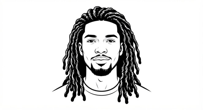 Minimalist Black and White Line Art Portrait of a Man with Dreadlocks