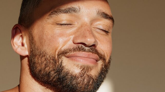 gros plan d'un homme barbu souriant les yeux ferm&eacute;s au soleil