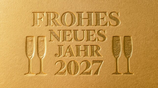 Frohes neues Jahr 2027 , Silvester Party Gru&szlig;karte mit deutschem Text  &ndash; Goldener Hintergrund