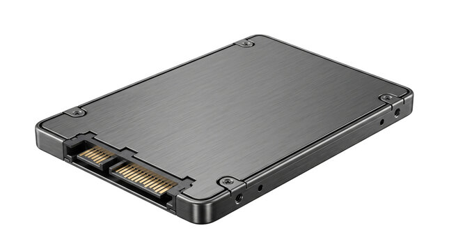 Modern SSD storage drive isolated with detailed metal housing and connector