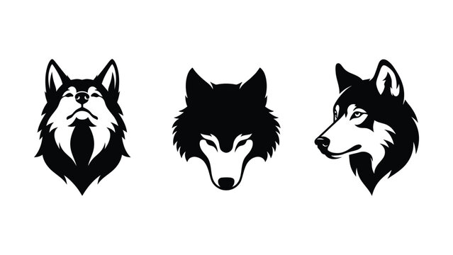 Three stylish black and white wolf dog silhouette head illustrations on transparent background