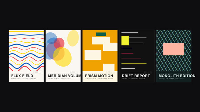 Flux field, meridian volum, prism motion, drift report, monolith edition, abstract geometric poster set with waves, circles, and grid patterns