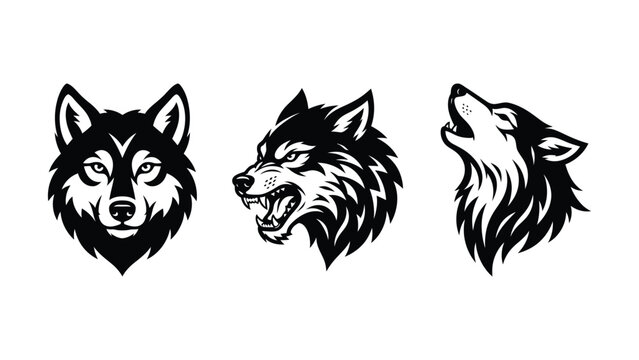 Three stylized black and white wolf heads in transparent background design vector illustration