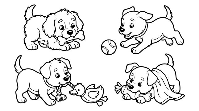Cute little puppies playing and sleeping coloring page vector set
