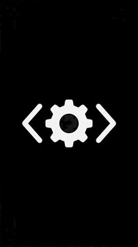 White Web Development and Programming Code Gear Icon on Black Background for Technology Concept