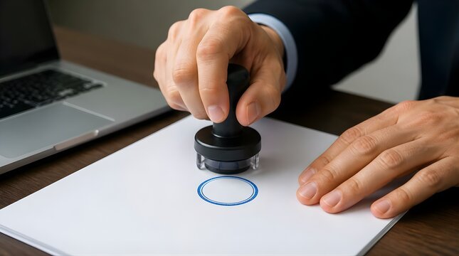 Close up of businessman hand stamping official paper document with rubber stamp at office desk near laptop for validation