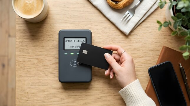 Hand holding black credit card tapping on contactless payment terminal at cafe table with coffee and pastry