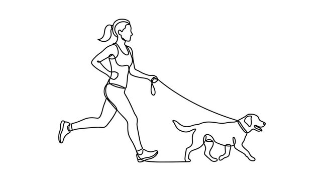 Continuous line drawing of woman running or walking with her dog vector illustration