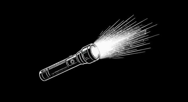 black and white vector illustration of a glowing flashlight shining a bright beam in the dark