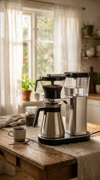 Modern coffee maker brewing fresh coffee with steam rising in a cozy kitchen setting