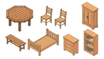 Collection of wooden furniture including table chairs bench dresser bookshelf and child bed with transparent background © Hridoy
