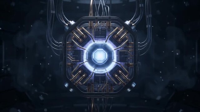 Futuristic fusion reactor core with purple plasma glow.