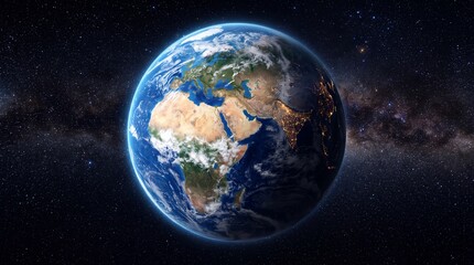 Planet Earth in deep space, blue globe with Milky Way background, cinematic world map view from orbit, global environment and ecology concept © Aftab