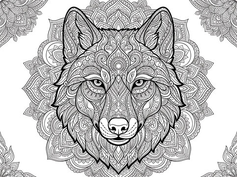 Intricate wolf head coloring page vector illustration with mandala and zentangle patterns