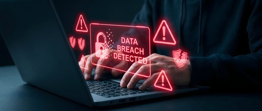 Data breach detected warning screen on laptop with hacker typing fast.