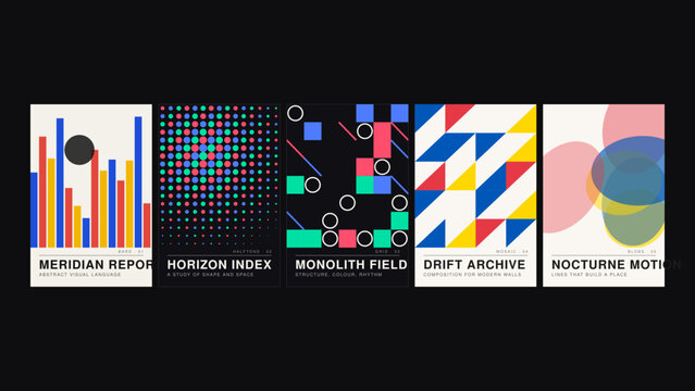 Meridian report, horizon index, monolith field, drift archive, nocturne motion, a set of five abstract posters with diverse shapes