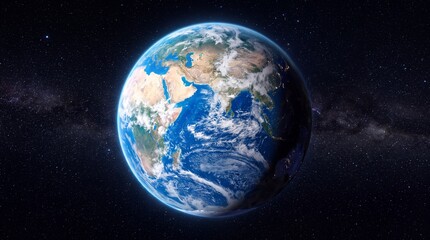Fototapeta premium Planet Earth in outer space, blue globe with continents and clouds, cinematic view of world from orbit against starry galaxy background