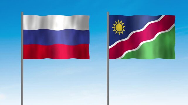 Flag of Namibia and Russia, Pole flag of Namibia and Russia on clear sky background. Namibia and Russia flag waving. 
