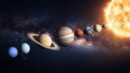 Solar system planets in alignment with sun, cinematic space background with milky way galaxy, astronomical planetary model © Aftab
