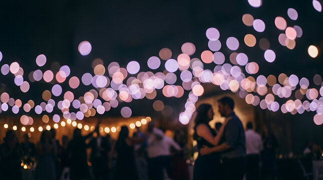 romantic wedding reception dancing scene | bokeh lights outdoor night party | blurred couple slow dancing at night | aesthetic party atmosphere with string lights