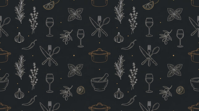 Seamless pattern with hand drawn cooking icons, kitchen utensils, herbs and vegetables line art on dark background