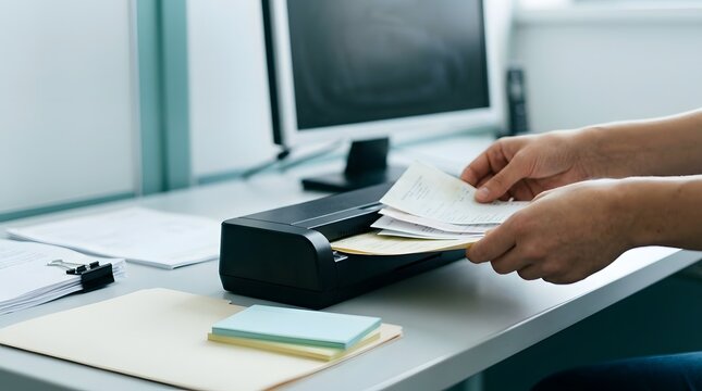 Close up of hands working with paperwork and documents professionally presented