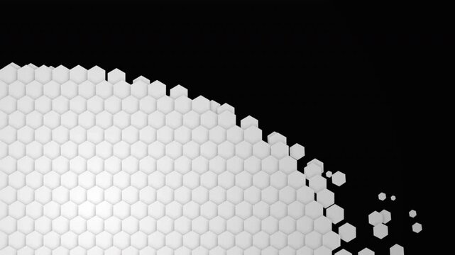 White 3D hexagonal tiles expanding across a dark black background, clean motion graphic, concept for technology background, data network and abstract art