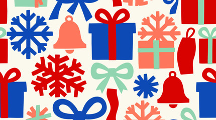 Obraz premium Seamless Christmas pattern with gift boxes, snowflakes, and holiday bells, flat vector illustration background for wrapping paper, textile, or festive design