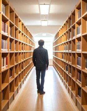 Young Man Walking Down an Aisle of Bookshelves in a Library