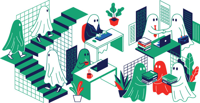 Ghost figures populate a stylized office scene in a colorful vector illustration ghosts spirits apparitions