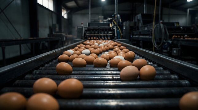 Industrial sorting line processing fresh chicken eggs in a factory.