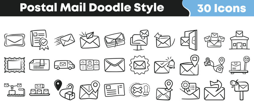 Hand drawn collection of postal mail icons in doodle style design