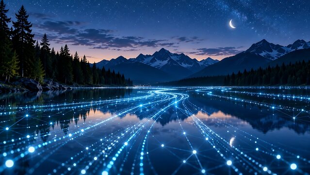 Glowing digital fiber optic network on night lake reflection under starry sky representing global internet connectivity and data transmission