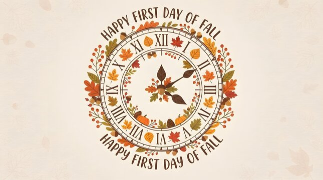 Happy first day of fall autumn clock illustration with leaves and acorns