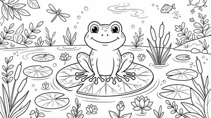 Fototapeta premium The Image Is A Black And White Line Drawing Of A Frog Sitting On A Lily 00o0o0