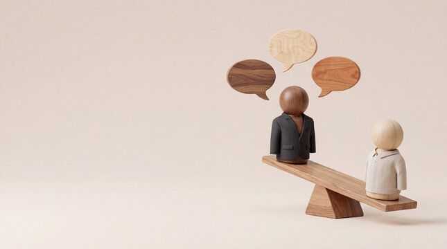 Minimalist wooden figures on a see-saw with speech bubbles symbolizing business negotiation, communication balance, and workplace hierarchy on a neutral background.