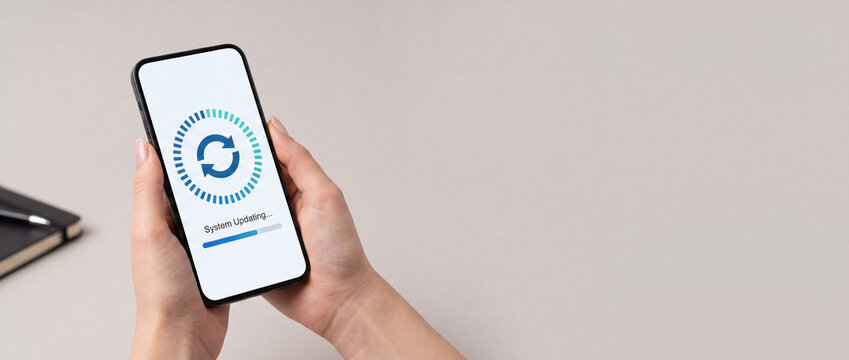 Close up of person holding smartphone showing system update screen with circular progress bar and loading status on neutral background, depicting mobile software installation concept.