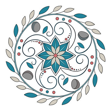Symmetrical floral mandala with a central star flower, teal leaves, grey circles, and red dots on a white background