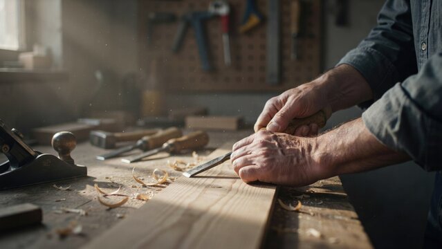 Skilled carpenter hands using chisel to shape wooden board on rustic workbench in workshop with sunlight streaming through window with chisel carve wood