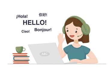 Woman studying languages online with laptop and headset, greeting in English, Spanish, French, Chinese, Italian PNG © Julllia