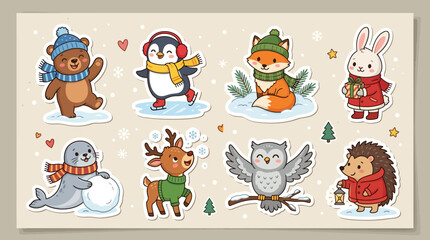Fototapeta premium Cartoon animals wearing winter clothing in snowy setting