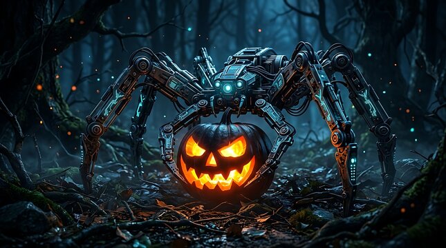 Mechanical robot spider holding a glowing jack o lantern pumpkin in a dark spooky forest at night