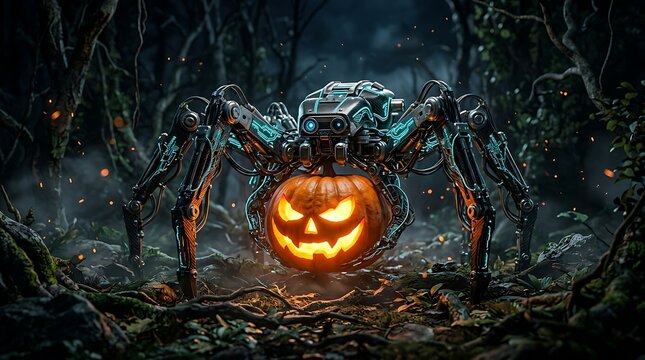 Mechanical spider robot carrying a glowing scary jack o lantern pumpkin in a dark forest for halloween