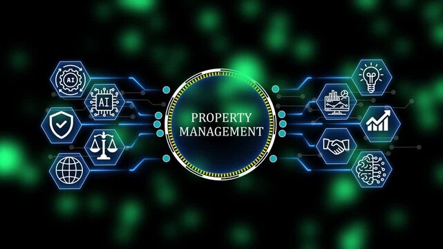 Futuristic property management and Cloud Technology Network with AI, Cybersecurity and Digital Business Icons. 4k animation