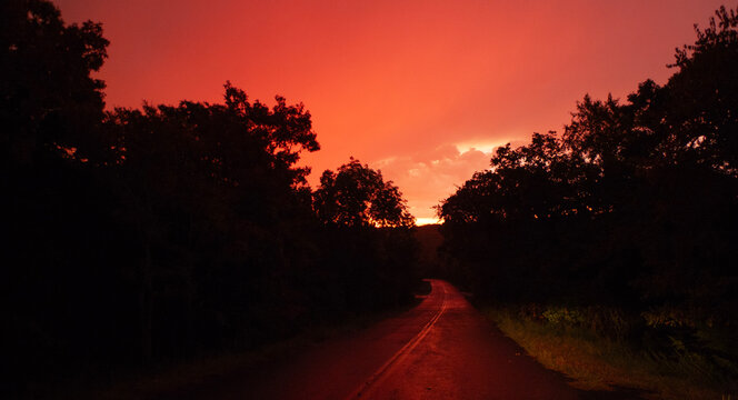 Sunrise in bright red and orange on a forest road with reflected wet blacktop pavement